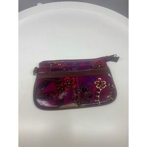 Mudd Boho Peace Sign Floral Coin Purse Zipper Pouch Purple Burgundy Mini Wallet